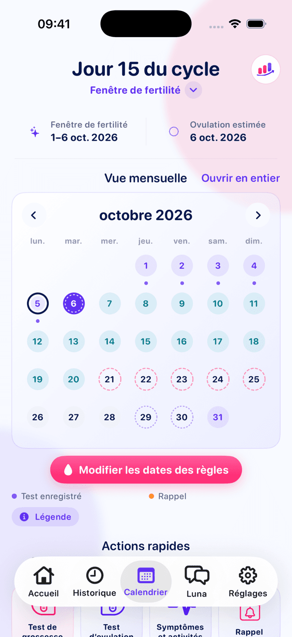 Calendrier LineCheck avec la fenêtre de fertilité, l’ovulation estimée et les tests enregistrés