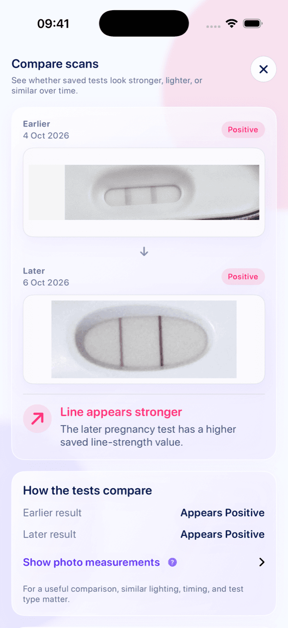 LineCheck compare scans screen with an earlier and a later pregnancy test side by side and the note that the line appears stronger