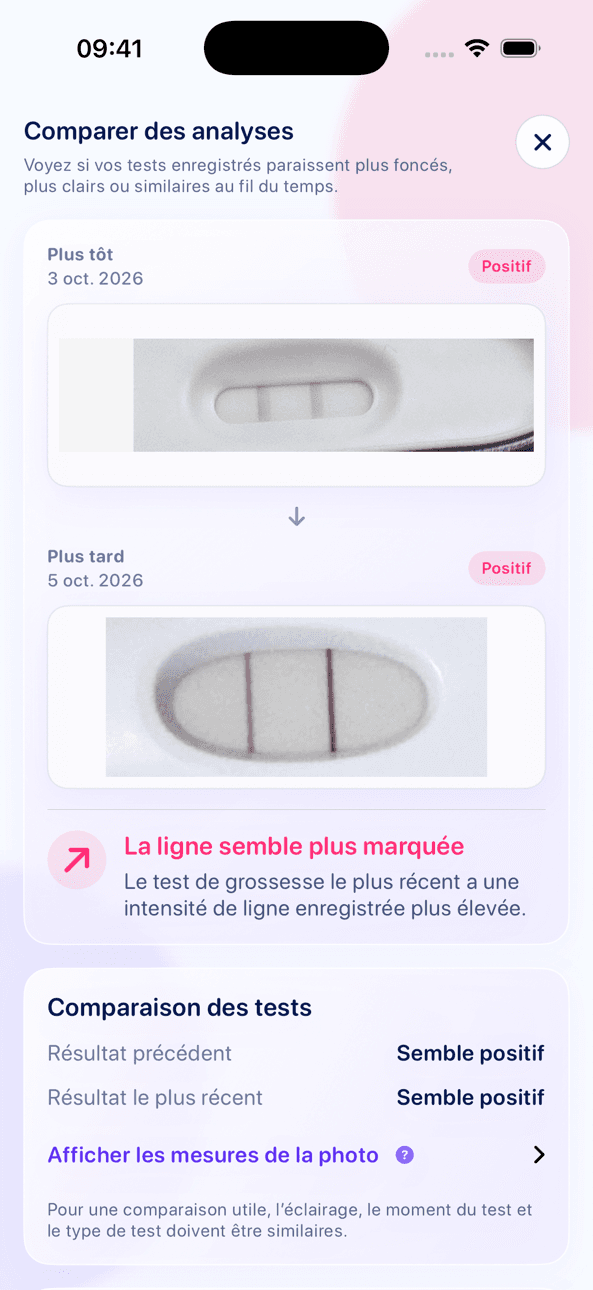 Écran Comparer des analyses de LineCheck avec un test de grossesse plus ancien et un plus récent côte à côte, et la mention que la ligne paraît plus marquée