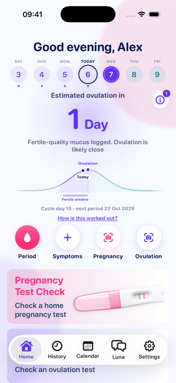LineCheck home screen with estimated ovulation in one day, a fertile window chart and quick actions to log a period or a test