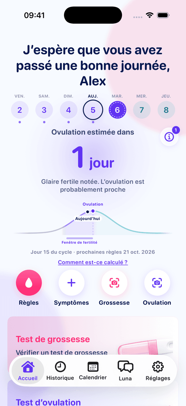 Écran d’accueil de LineCheck avec l’ovulation estimée, un graphique de la fenêtre de fertilité et des raccourcis pour noter les règles ou un test