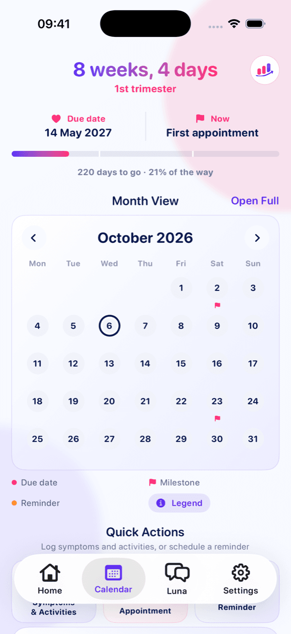 LineCheck pregnancy calendar showing the due date, trimester progress and upcoming appointment