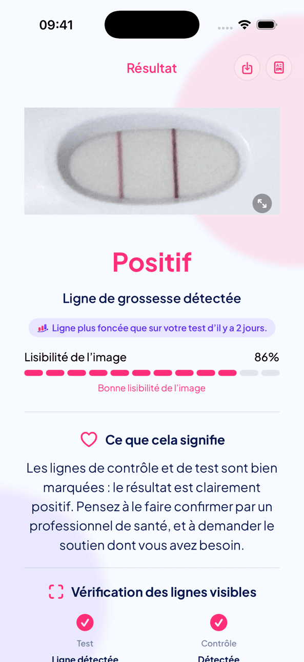 Écran de résultat d’un test de grossesse dans LineCheck : résultat Positif, lisibilité de l’image de 86 % et vérification des lignes de test et de contrôle
