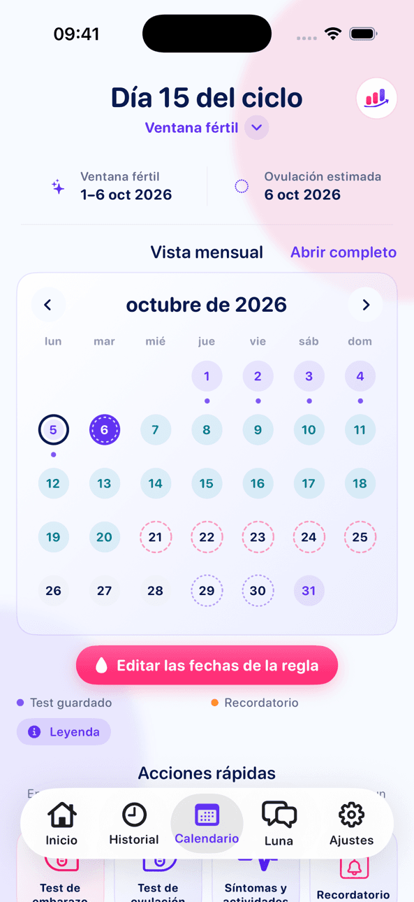 Calendario de LineCheck con la ventana fértil, la ovulación estimada y los tests guardados