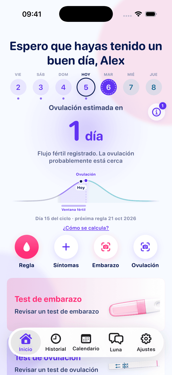 Pantalla de inicio de LineCheck con la ovulación estimada, un gráfico de la ventana fértil y accesos rápidos para registrar la regla o un test
