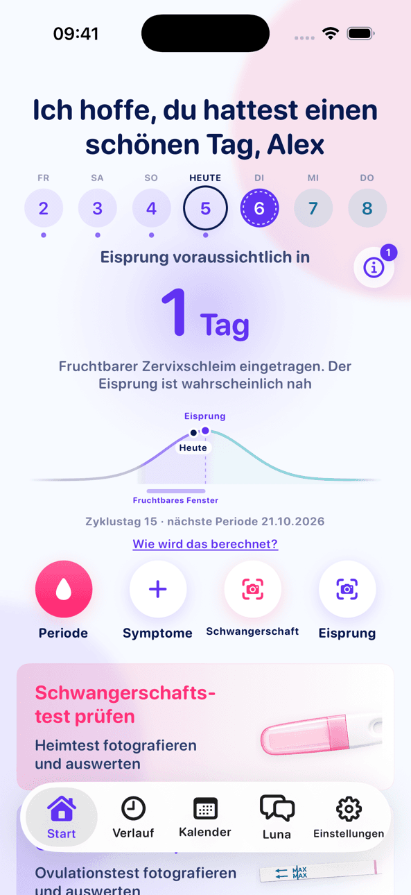 LineCheck-Startbildschirm mit geschätztem Eisprung, einem Diagramm des fruchtbaren Fensters und Schnellaktionen für Periode und Tests