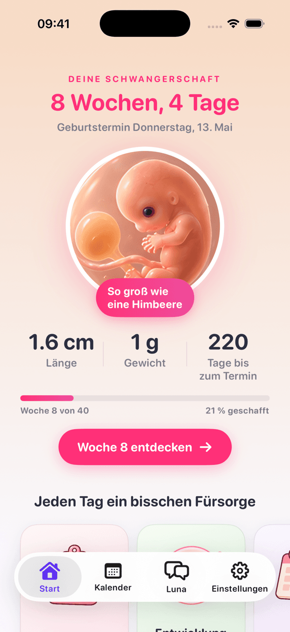 LineCheck-Schwangerschaftsbildschirm in Woche 8+4 mit Größe des Babys, Geburtstermin und verbleibenden Tagen